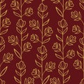 Vector seamless pattern with golden vertical flower twigs on dark red background.